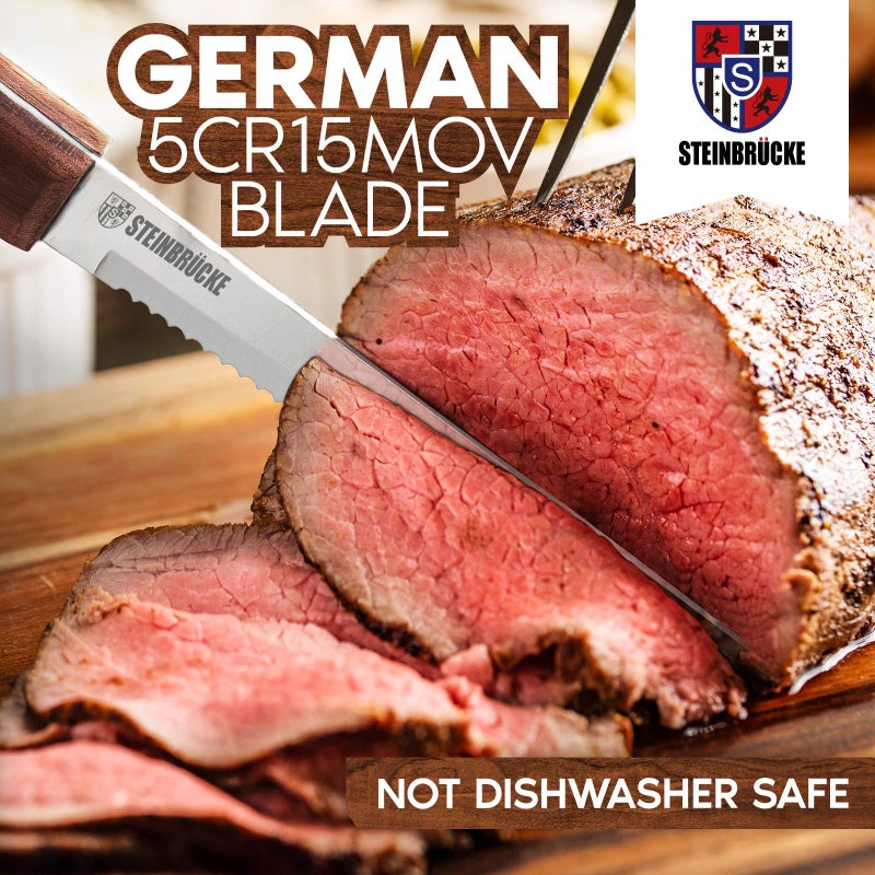 STEINBRÃœCKE Steak Knives Wood Handle - Steak Knives Set of 8 Built 5Cr15Mov Stainless Steel HRC57-58 Hardness Razor Sharp Full Tang (Not dishwasher safe) - Image 2